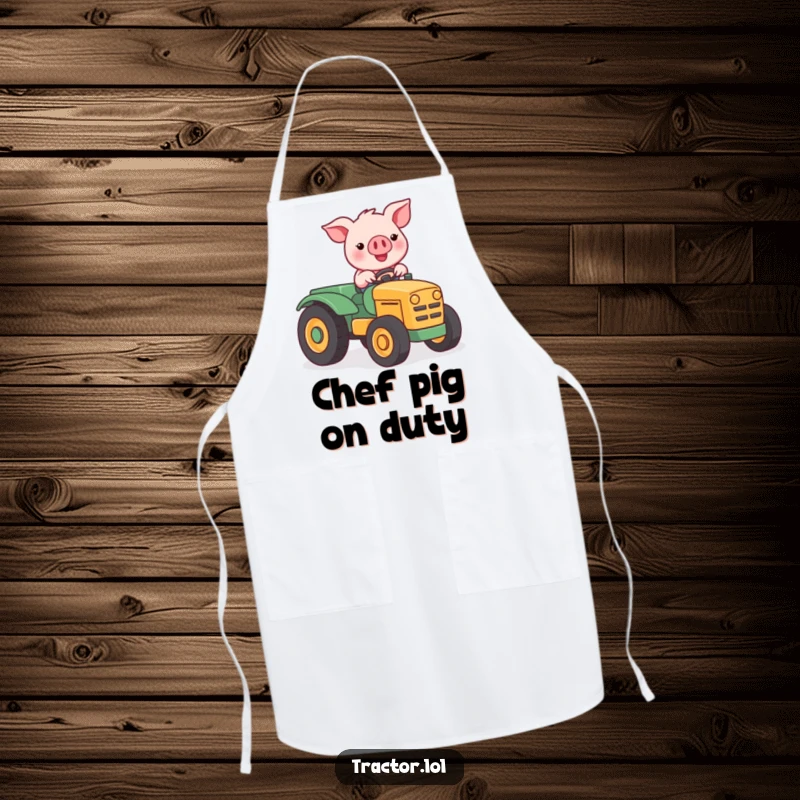 Funny Kawaii pig character driving a miniature tractor, a humorous and charming apron for kitchen fun.