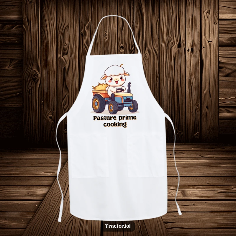 Funny Kawaii sheep character pushing a cart of hay on a tractor, a humorous and charming apron.