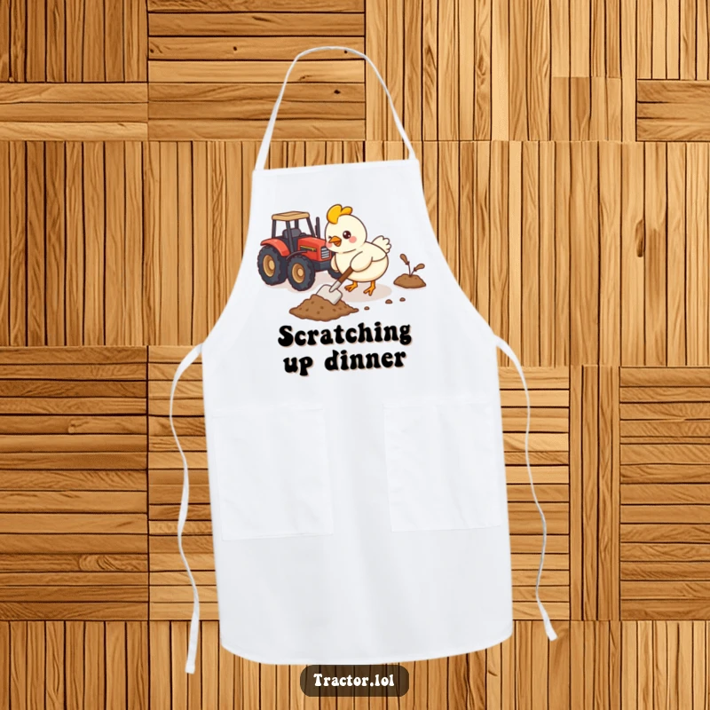 Funny Kawaii chicken character busy shoveling imaginary dirt with a tiny shovel next to a toy tractor, humorous kitchen apron.