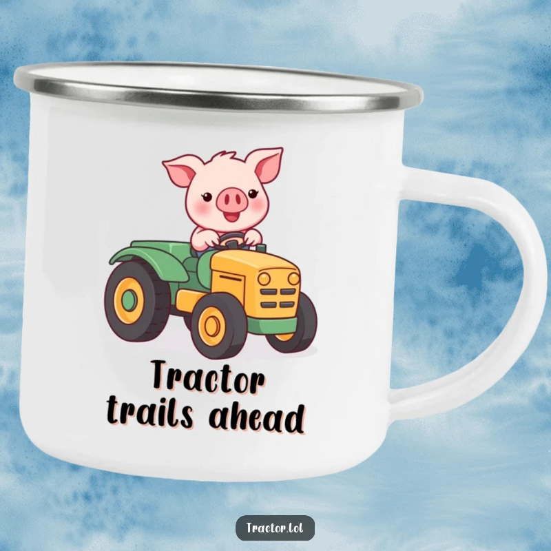 Funny Kawaii pig character driving a tractor, designed for a humorous and rugged camping mug.