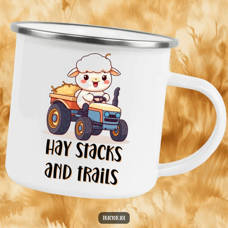 Funny Kawaii sheep character pushing a cart of hay on a tractor, designed for a humorous camping mug.