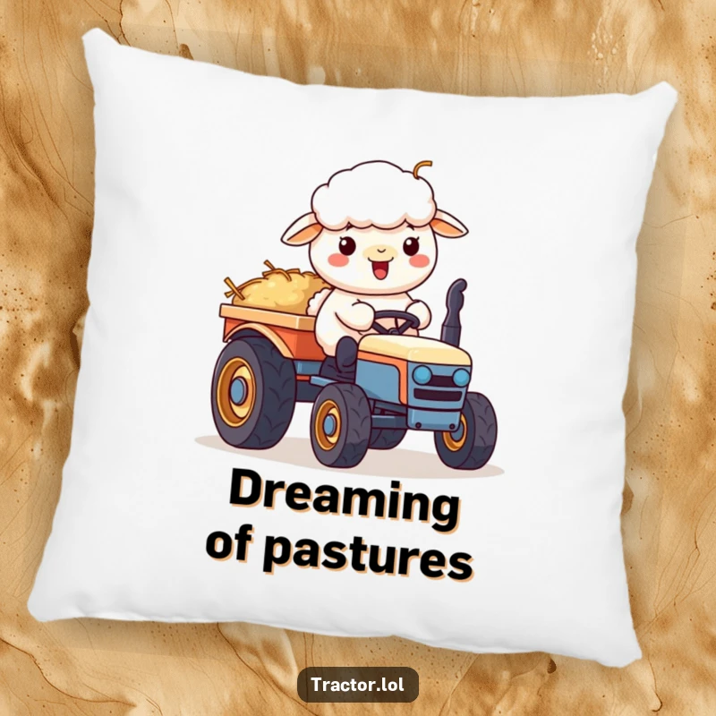 Funny Kawaii sheep character pushing a cart of hay on a tractor, perfect for a soft and humorous pillow.