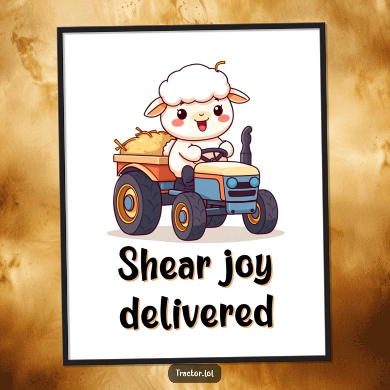 Funny Kawaii sheep character cheerfully pushing a cart full of hay on a tractor, a high-resolution, humorous digital artwork.
