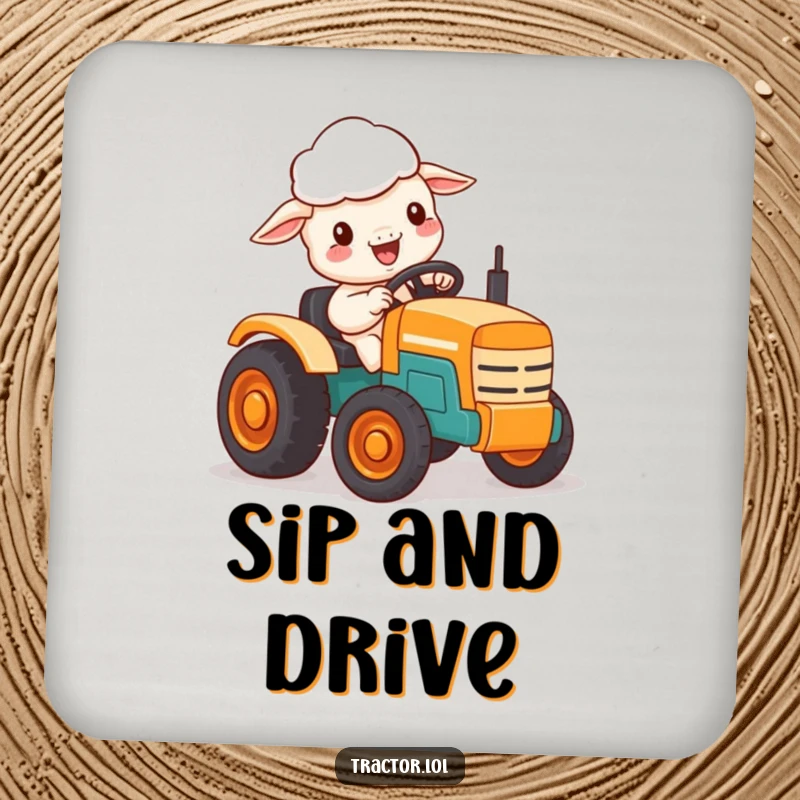 Funny coaster of a delighted Kawaii sheep character driving a small toy tractor.