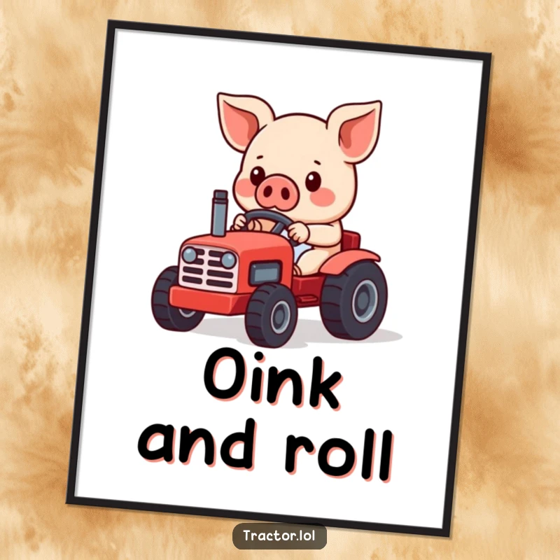 Funny Kawaii pig character intently steering a small red toy tractor, creating a whimsical and humorous wall art piece.