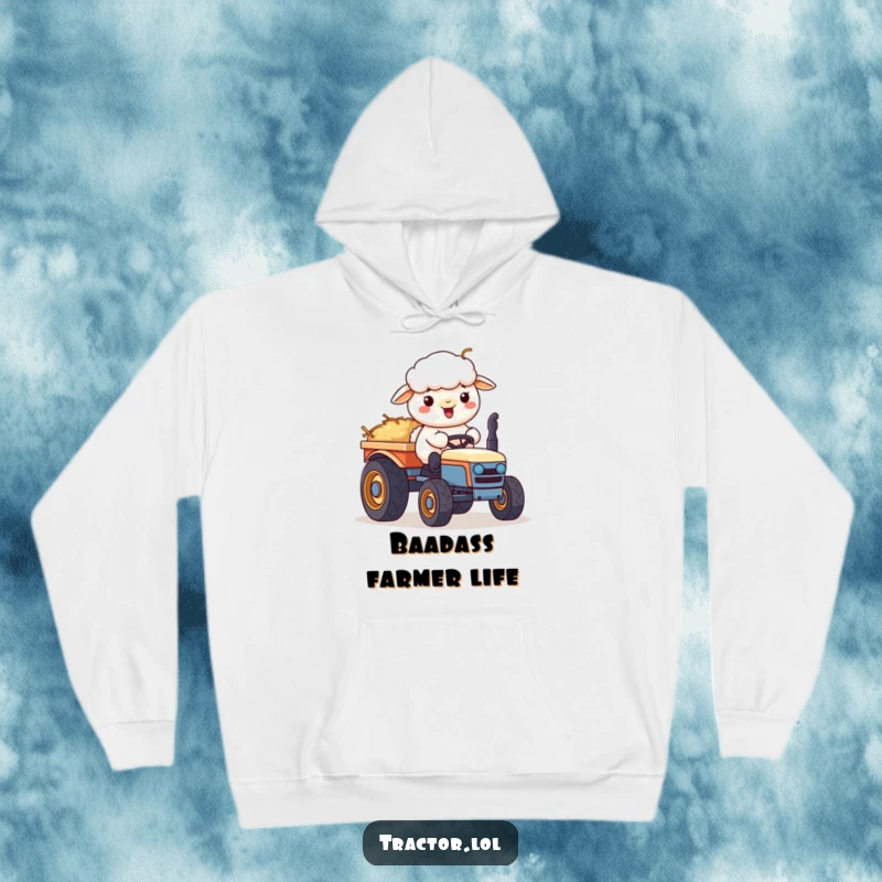 Funny Kawaii sheep character pushing a hay-filled cart on a tractor, perfect for a cozy, humorous hoodie.