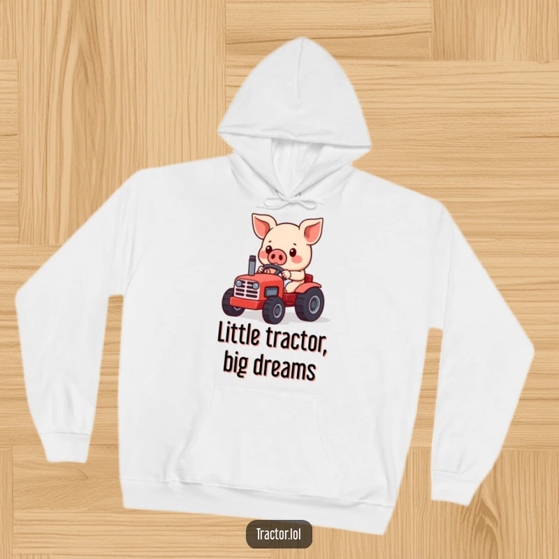 Funny Kawaii pig character skillfully steering a miniature red toy tractor, designed for cozy comfort and farm-themed humor.