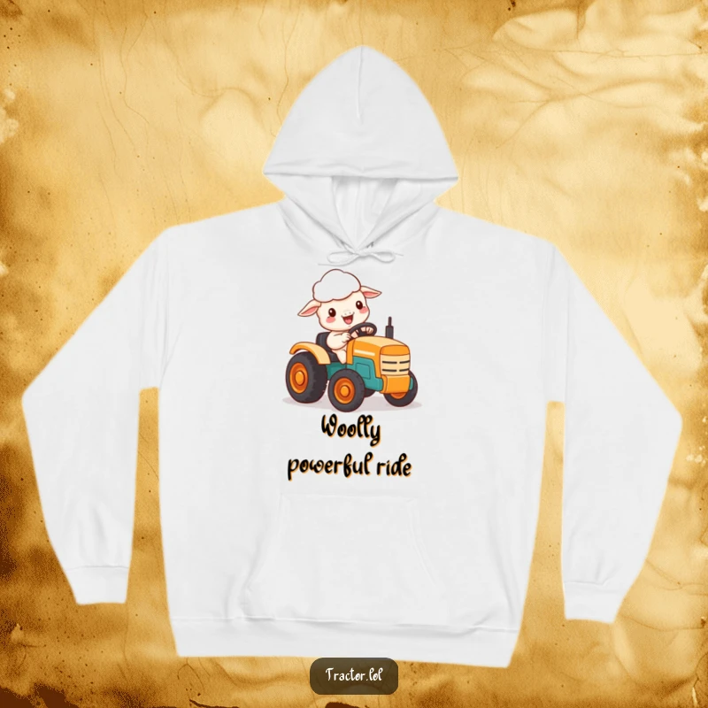 Funny hoodie with a delighted Kawaii sheep character driving a miniature, colorful toy tractor.
