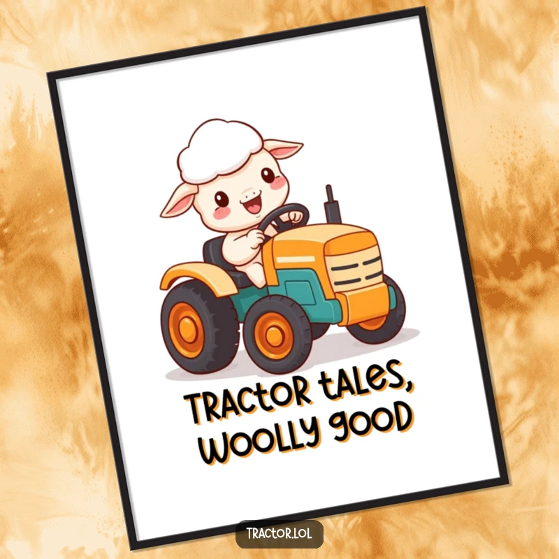 Funny Free Printable wall art depicting a delighted Kawaii sheep character driving a small, brightly colored toy tractor with glee.