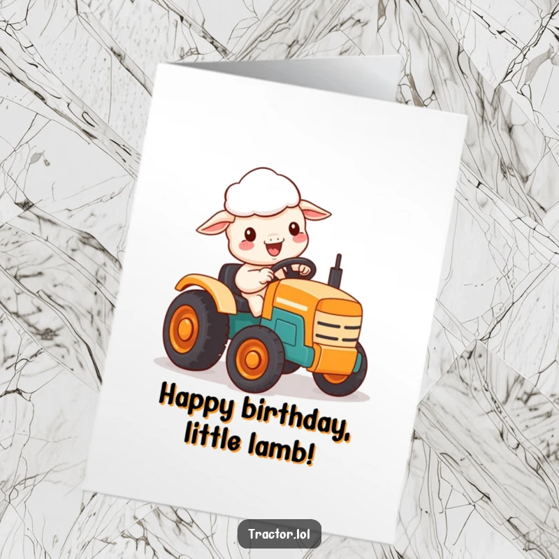 Funny Free Printable birthday card featuring a delighted Kawaii sheep joyfully driving a small, colorful toy tractor.