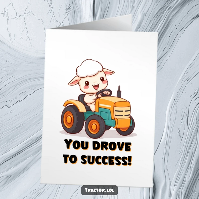 Funny Free Printable congratulations card showing a delighted Kawaii sheep character happily steering a tiny, vibrant toy tractor.