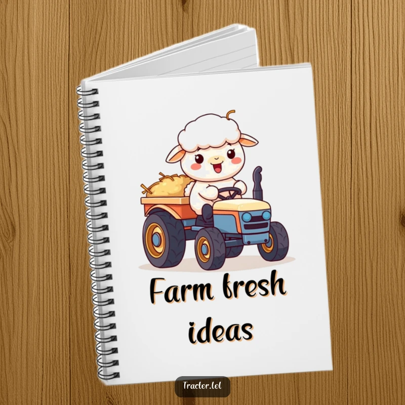 Funny Kawaii sheep character pushing a cart of hay on a tractor, ideal for a cute, humorous notebook.
