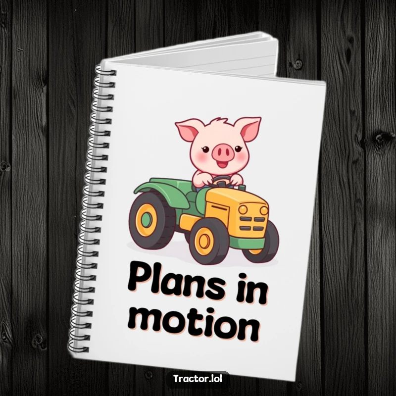 Funny Kawaii pig character driving a tractor, ideal for a cute, humorous notebook cover.