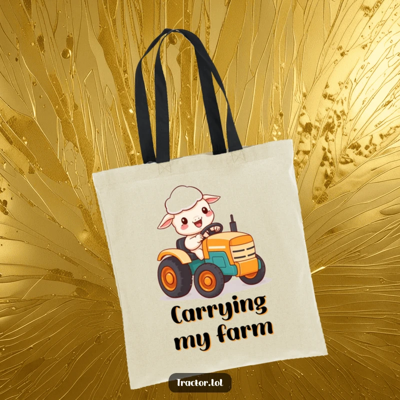 Funny tote bag showing a delighted Kawaii sheep character driving a small, brightly colored toy tractor.