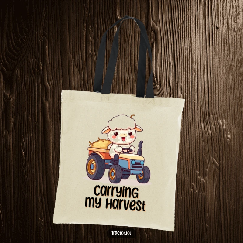 Funny Kawaii sheep character pushing a cart of hay on a tractor, a charming and humorous tote bag.