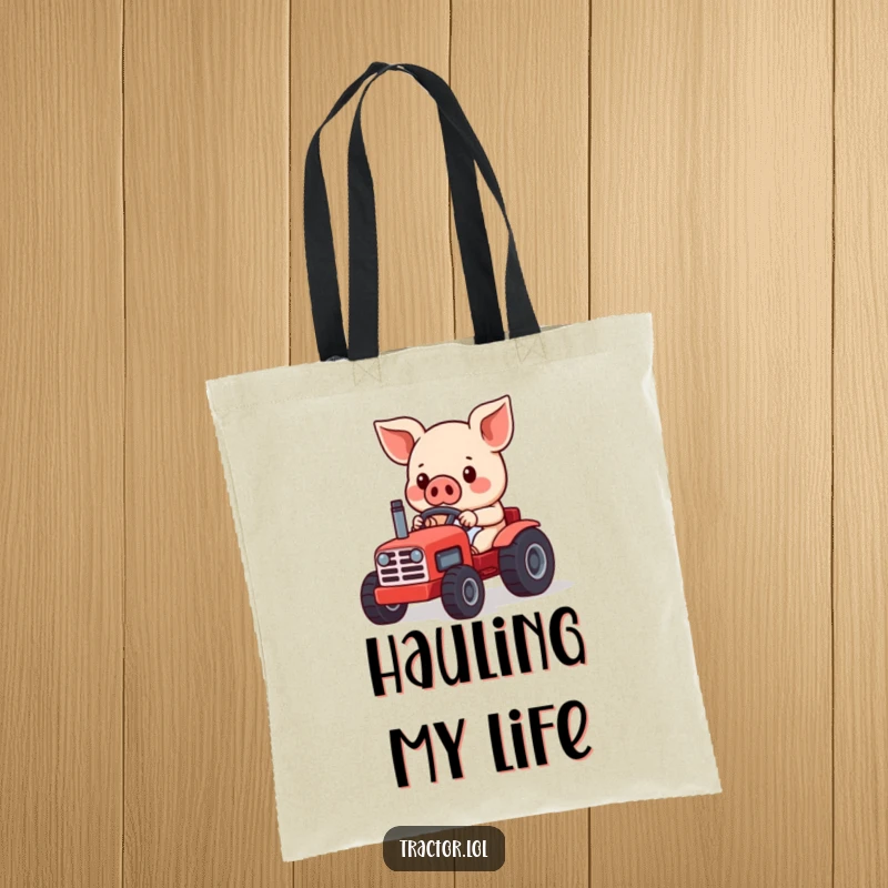 Funny Kawaii pig character focused on driving a tiny red toy tractor, a charming and humorous tote bag for farm lovers.